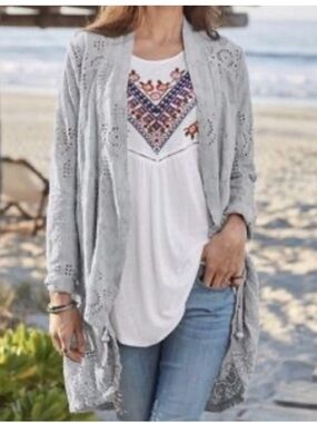 Soft Surroundings Light Gray Open-Front Crochet Cardigan Sz medium